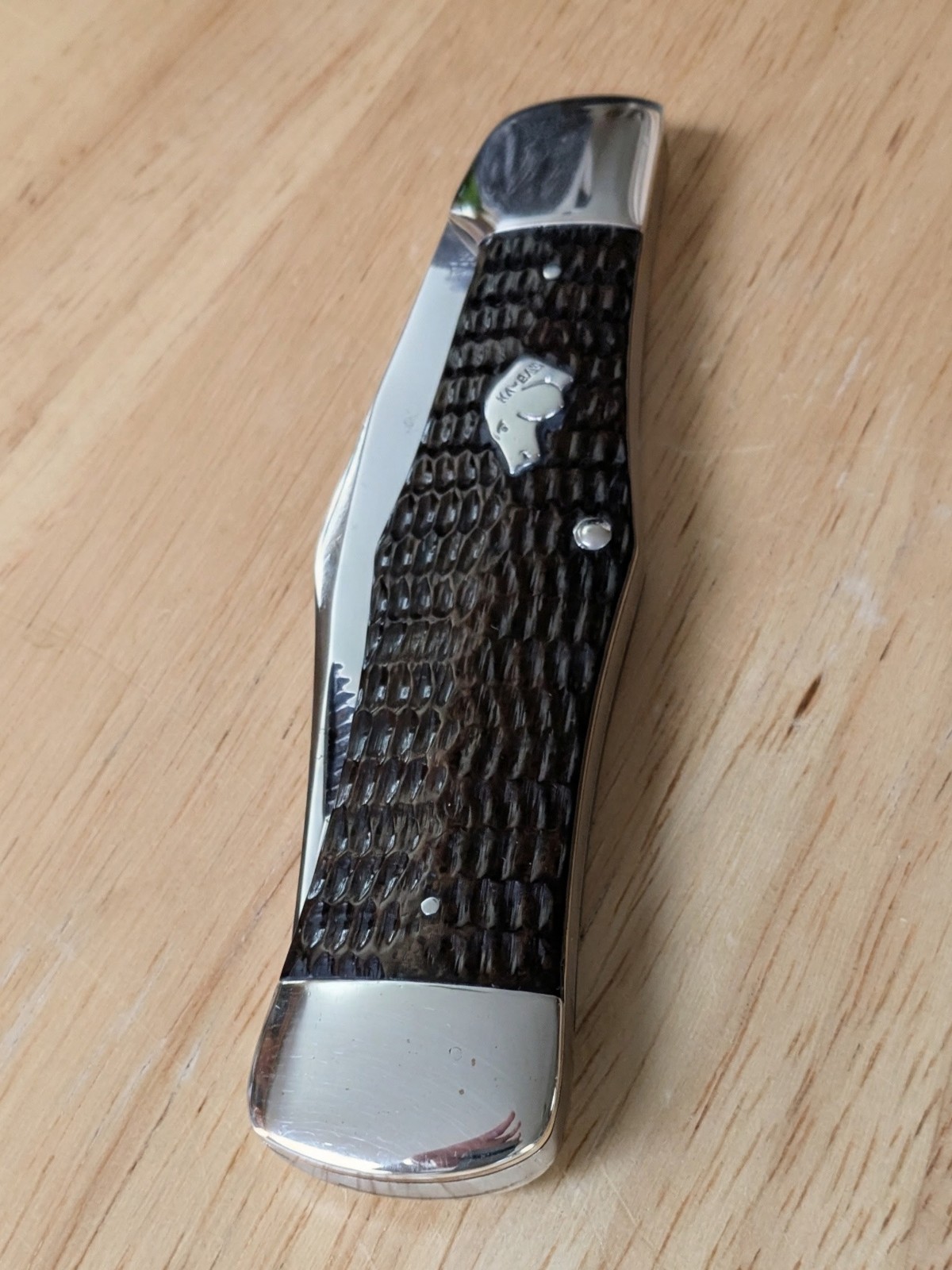 Vintage Ka- Bar Dogs Head Single Blade Coke Bottle Hunter Knife. Olean, NY.