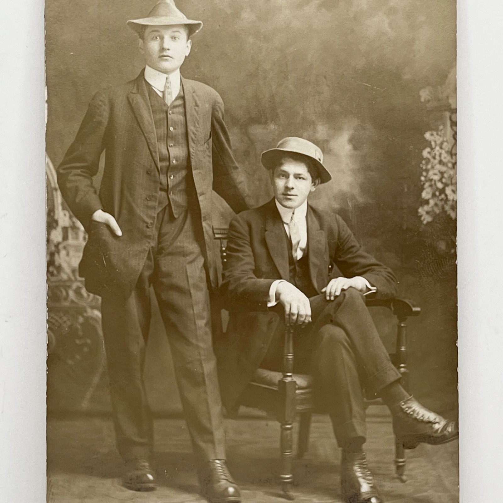 1910s Two Handsome Young Men Suits Hats Gay Interest RPPC Antique Photo Postcard