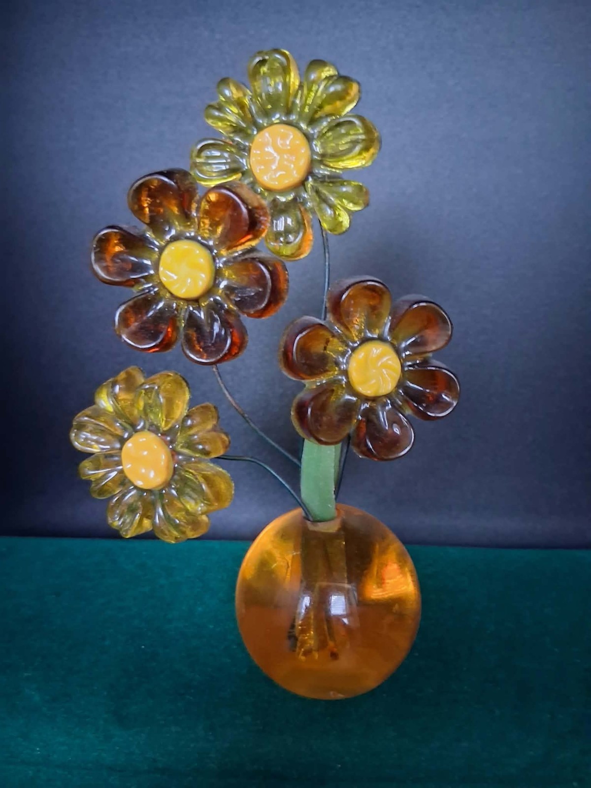 MCM Lucite Resin Flower Bouquet Sculpture Amber Orange Glass Vase Vintage