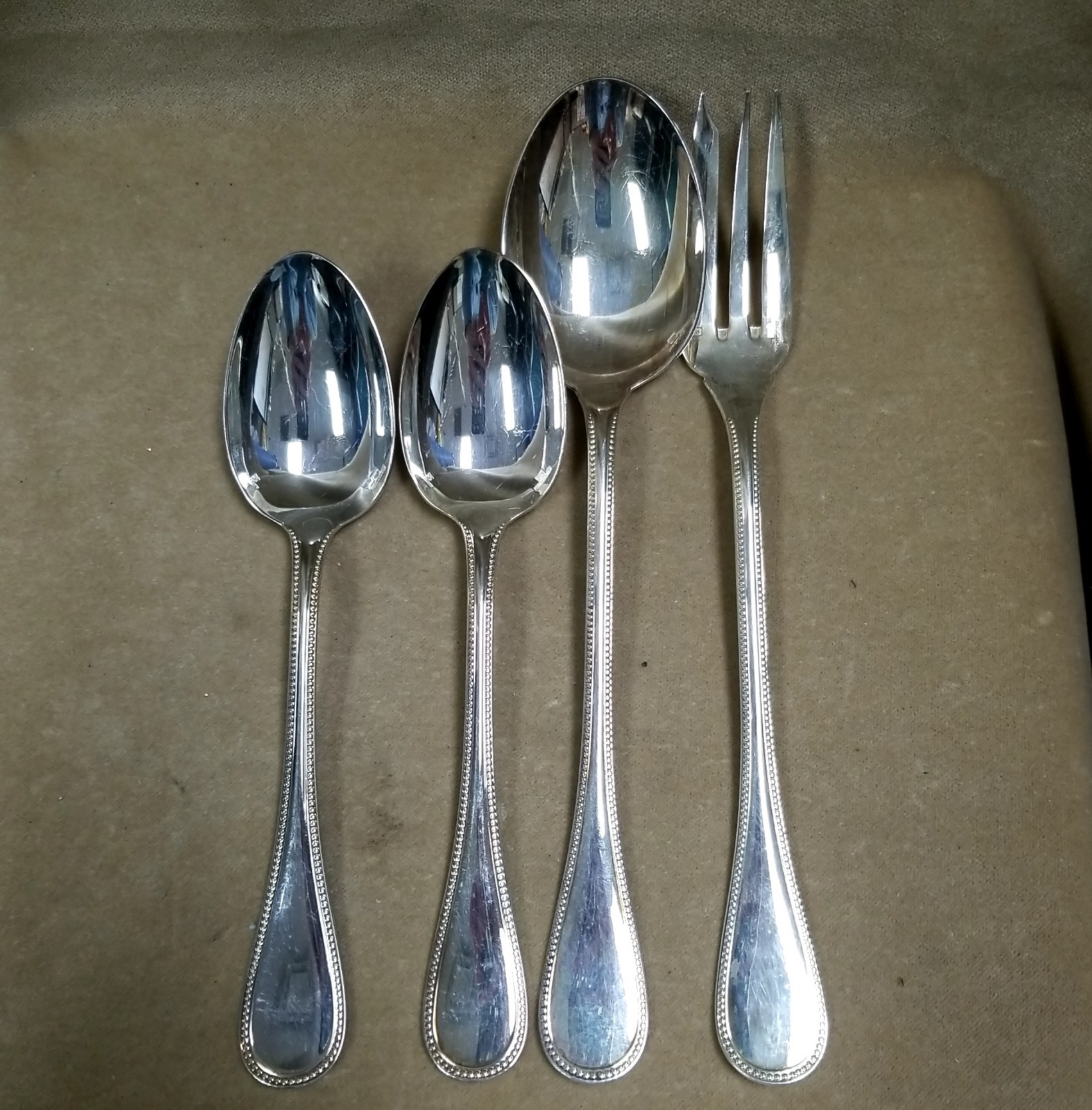 4 Pc Silverplate Serving Spoons Forks Sets Christofle Perle Paris France Beaded