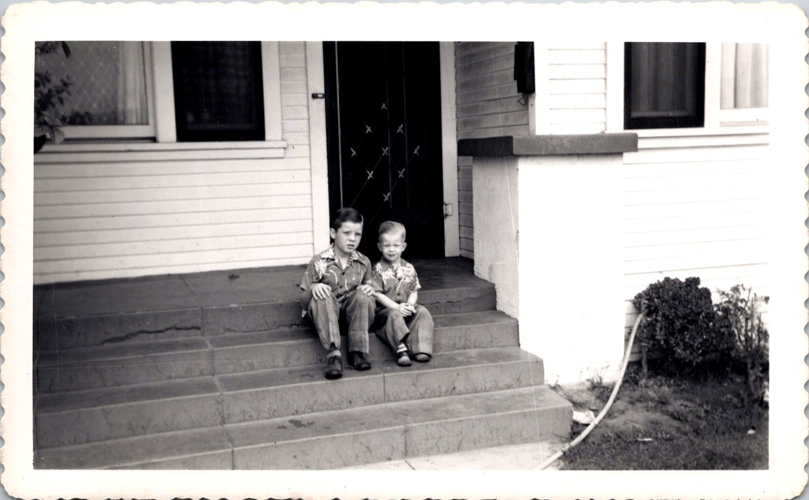 Two Young Brothers in Matching Shirts on Porch, 1950s Vintage Snapshot Photo