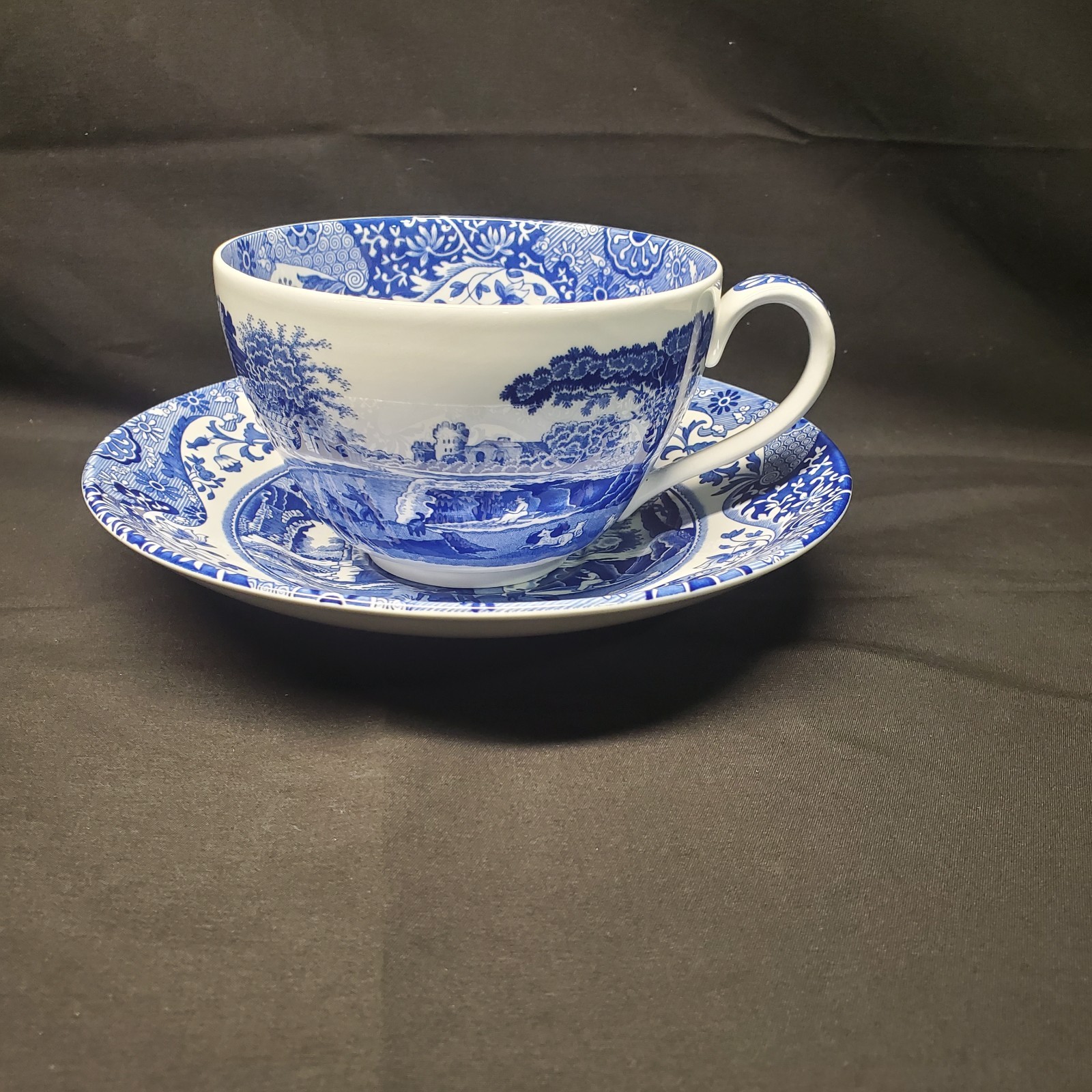 Spode Blue Room Italian Jumbo Cup and Saucer Set Blue White England 5.5”