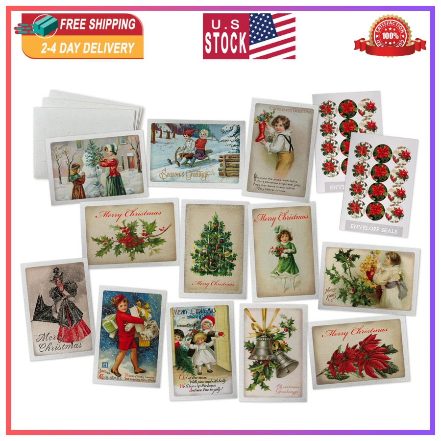 24 Vintage Christmas Greeting Cards and Envelopes 12 Unique Retro Illustrations