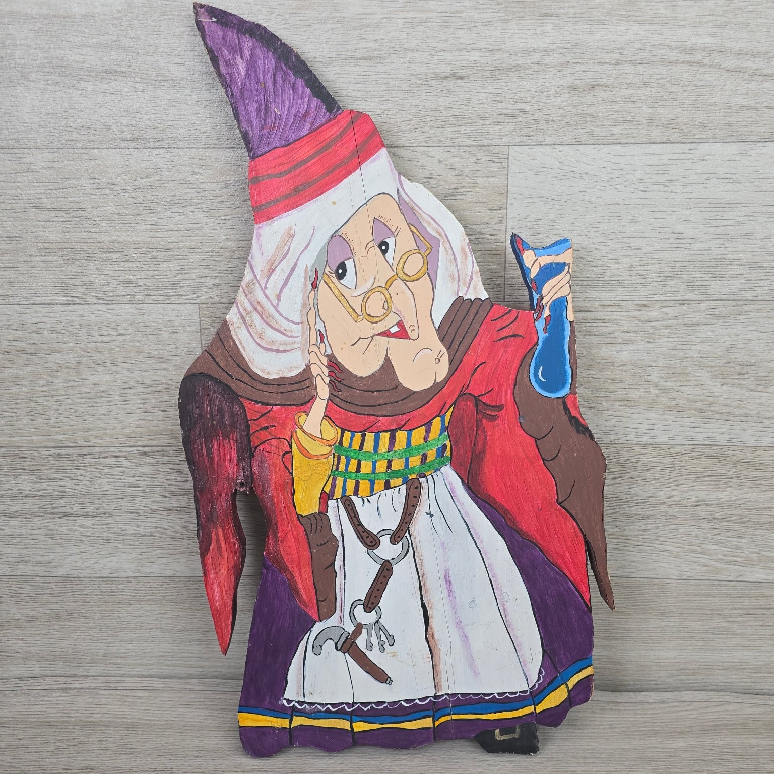 Vintage Hand Painted Wooden Witch Figurine Halloween Decor Folk Art Sculpture