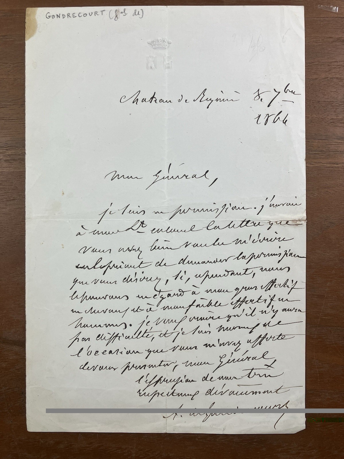 Château de Reyniès General Aristide de Gondrecourt 1856 Rare Autograph