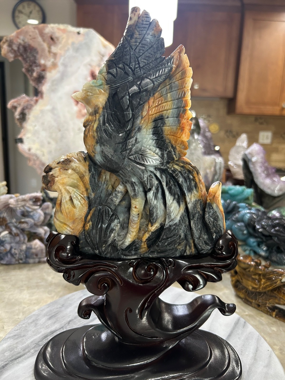 Amazonite Phoenix bird hand carved with custom wood stand