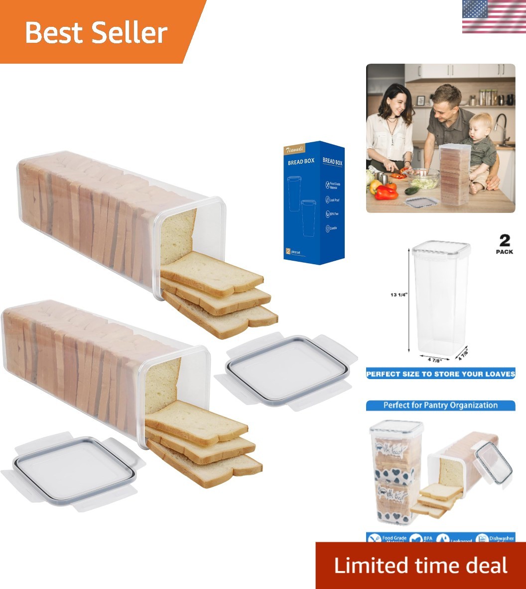 Elegant 2-Pack Airtight Plastic Bread Box - 5.3L Capacity for Freshness