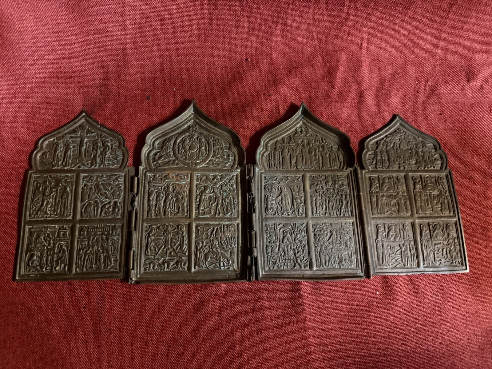 Antique Russian Bronze Religious Icons Four Plaques Church Altar Piece 