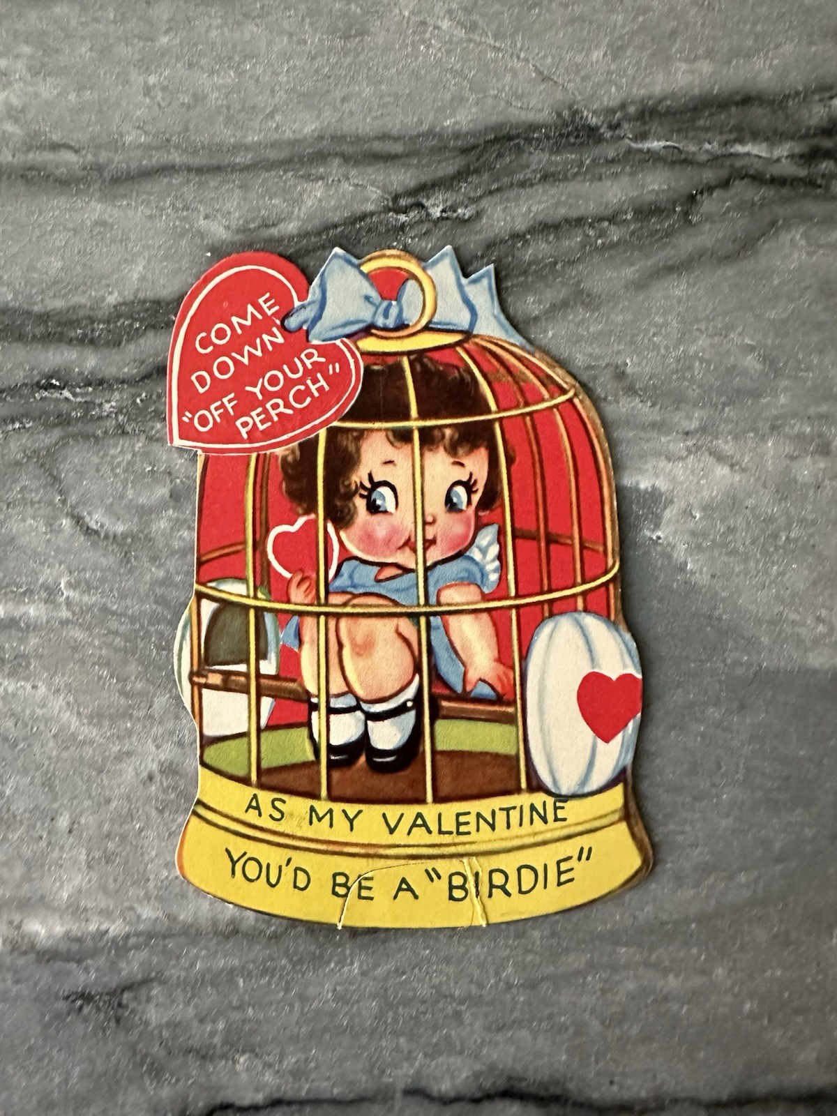Vintage Valentine Pretty Brunette Birdie Girl Wings Gold Cage Perch Antique Cute