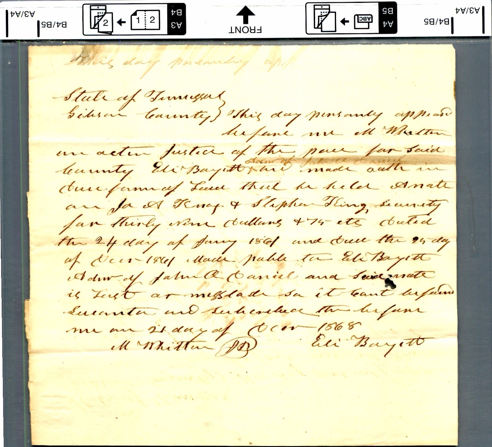 1868 GIBSON Tennessee Document M. WHITTER  Eili BAYETT Stephen TEING other names
