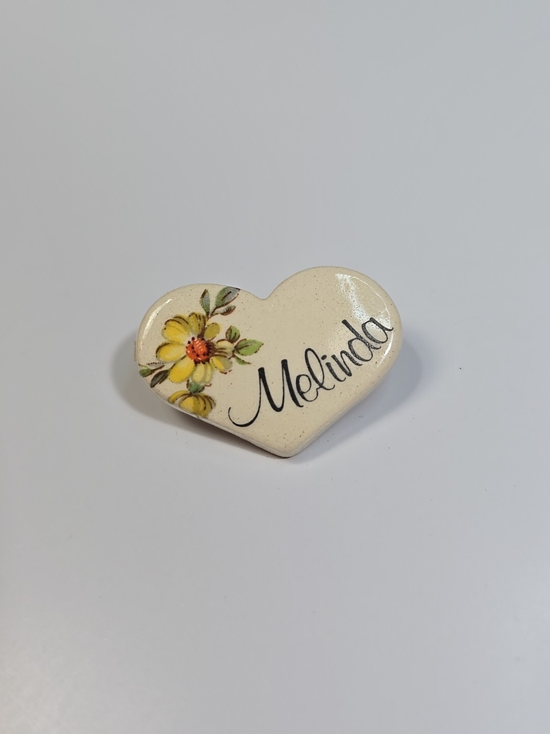 Melinda Ceramic Heart Name Lapel Pin With Yellow Flower Vintage