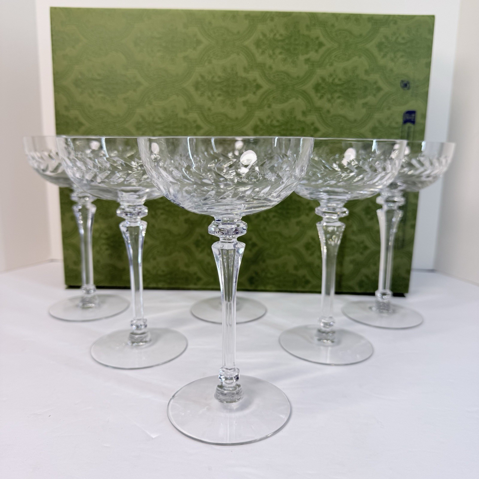 Set of 6 Vtg 1960s Crystal Champagne Coupe Glasses Laurel Wreath Cut 6¾” 6 oz