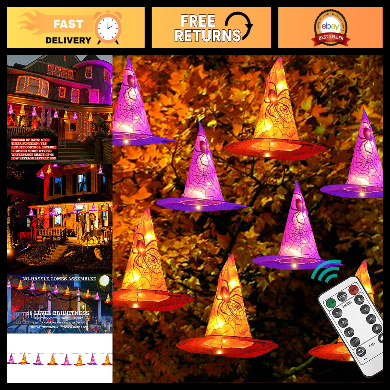 DAZZLE BRIGHT 8 Pcs Hanging Witch Hat String Lights, Light Up Waterproof Hallowe