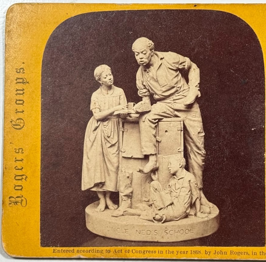 Uncle Ned’s School – A John Rogers Statuette Historic Vintage Stereoview Card