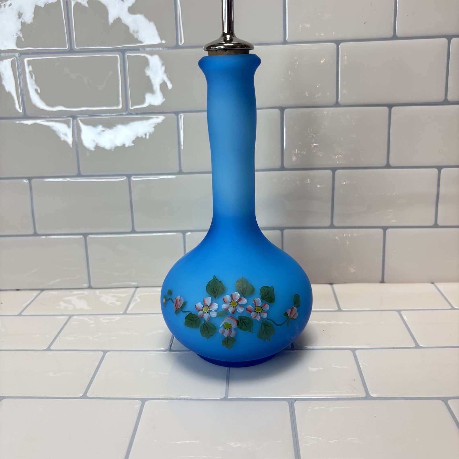 Fenton? Opaque Blue Overlay Glass Hand Painted Barber Bottle Signed - Silver Top