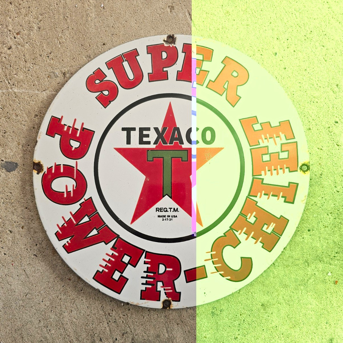 VINTAGE TEXACO SUPER POWER CHIEF GASOLINE PORCELAIN STATION PUMP SIGN NICE 12\
