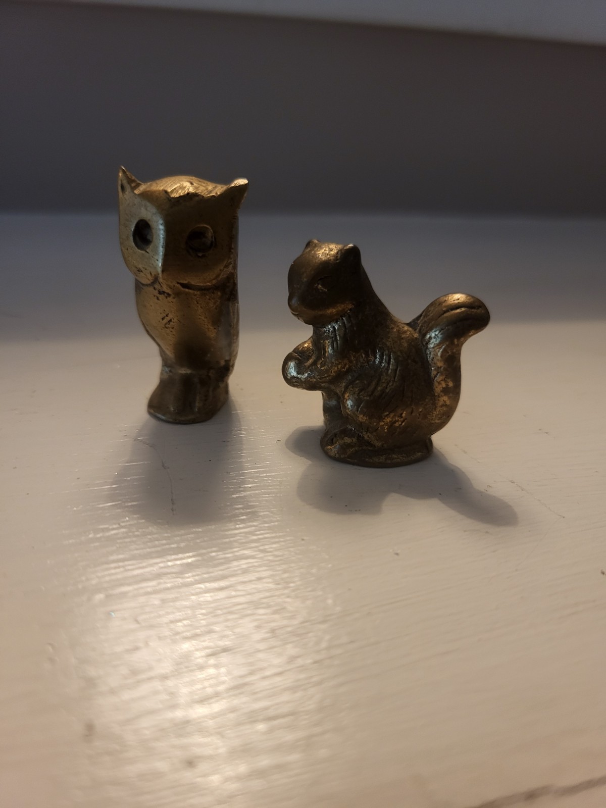 Vintage MCM Brass Animals Mini Figurine Set Of 2 Owl Squirrel