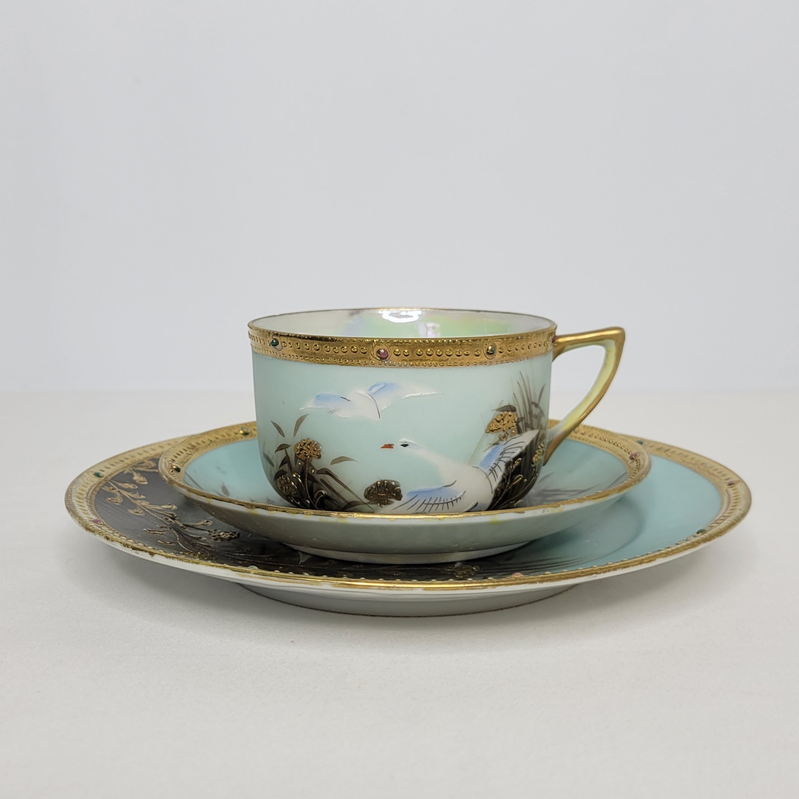 Antique 3 Piece Aqua Teal Flying Geese Swan Porcelain Cup Saucer Plate Set