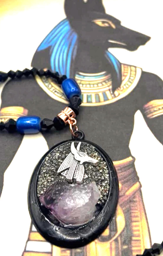 Egyptian God Anubis Amethyst Pyrite Protection Pendant Necklace A9