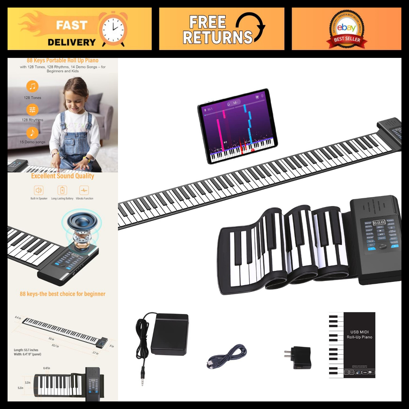 KONIX 88 Keys Roll Up Piano, Upgraded Portable Rechargeable Hand Roll Piano Keyb