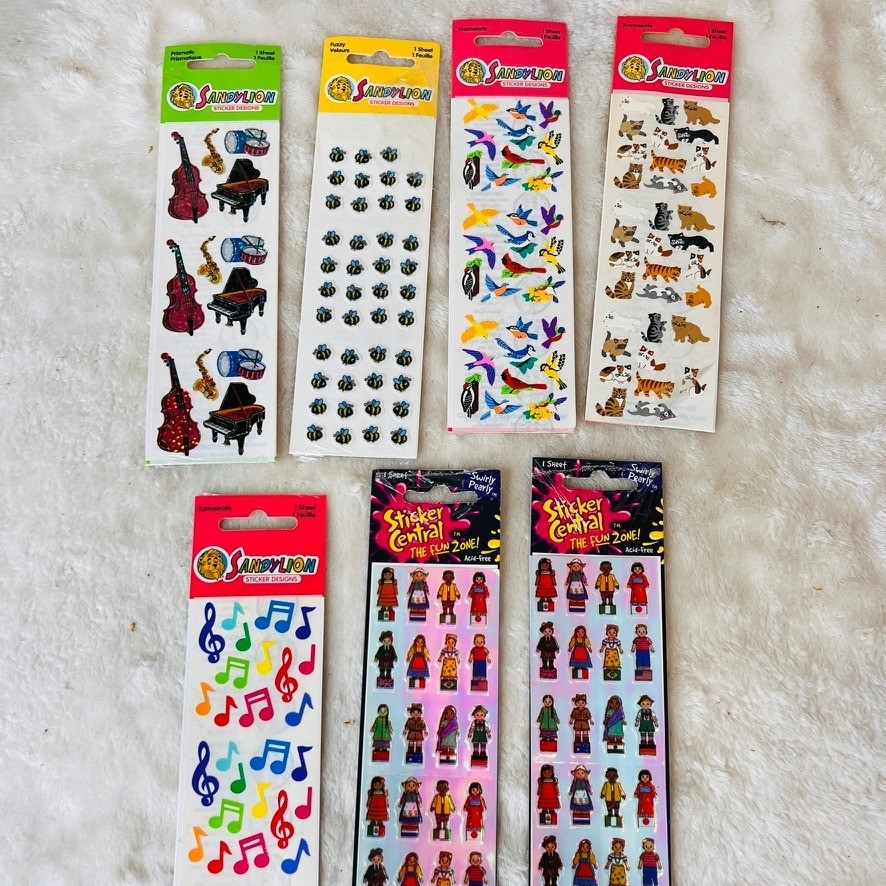 Vintage Sandylion Sticker Central Lot 90s Fuzzy Prismatic Pearly Cats Bees Birds