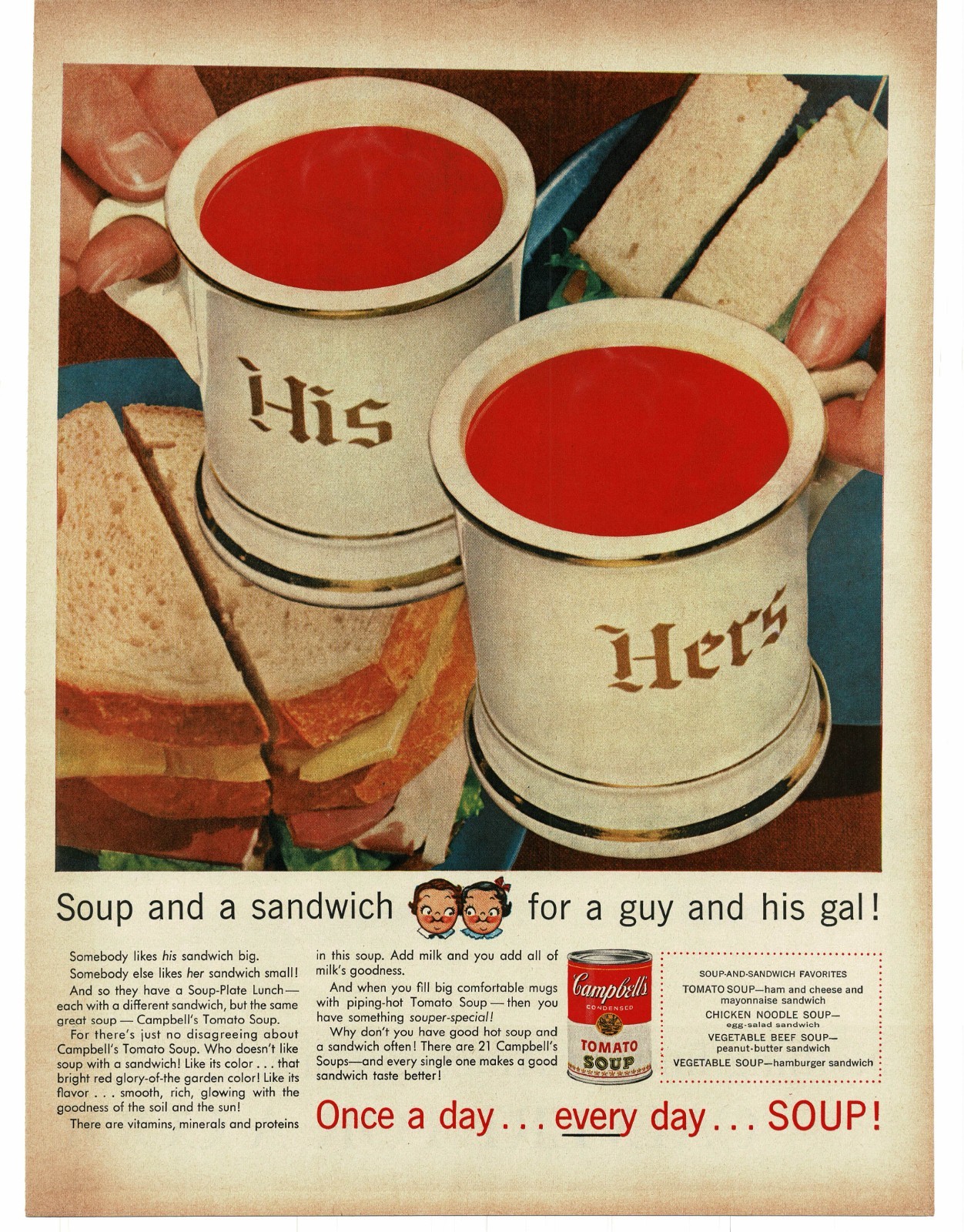 1956 Campbell\'s Tomato Soup in mugs with sandwich Vintage Print Ad