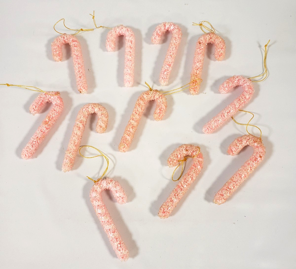 11 Vintage Sugared Candy Cane Christmas Ornaments Lot Retro PINK Pastel Plastic