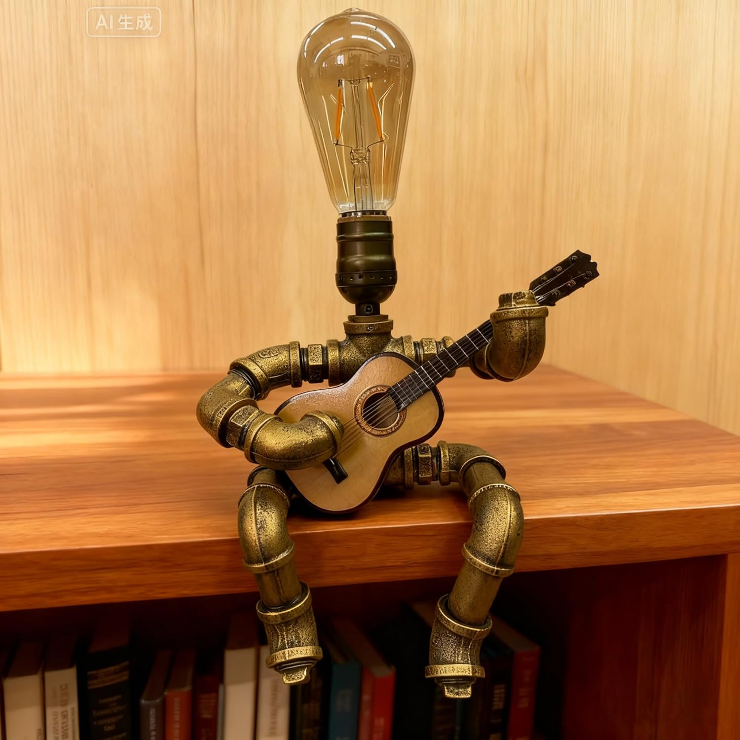 Pipe-Man Guitar-Playing Steampunk Lamp with Edison Bulb, Vintage Industrial Deco