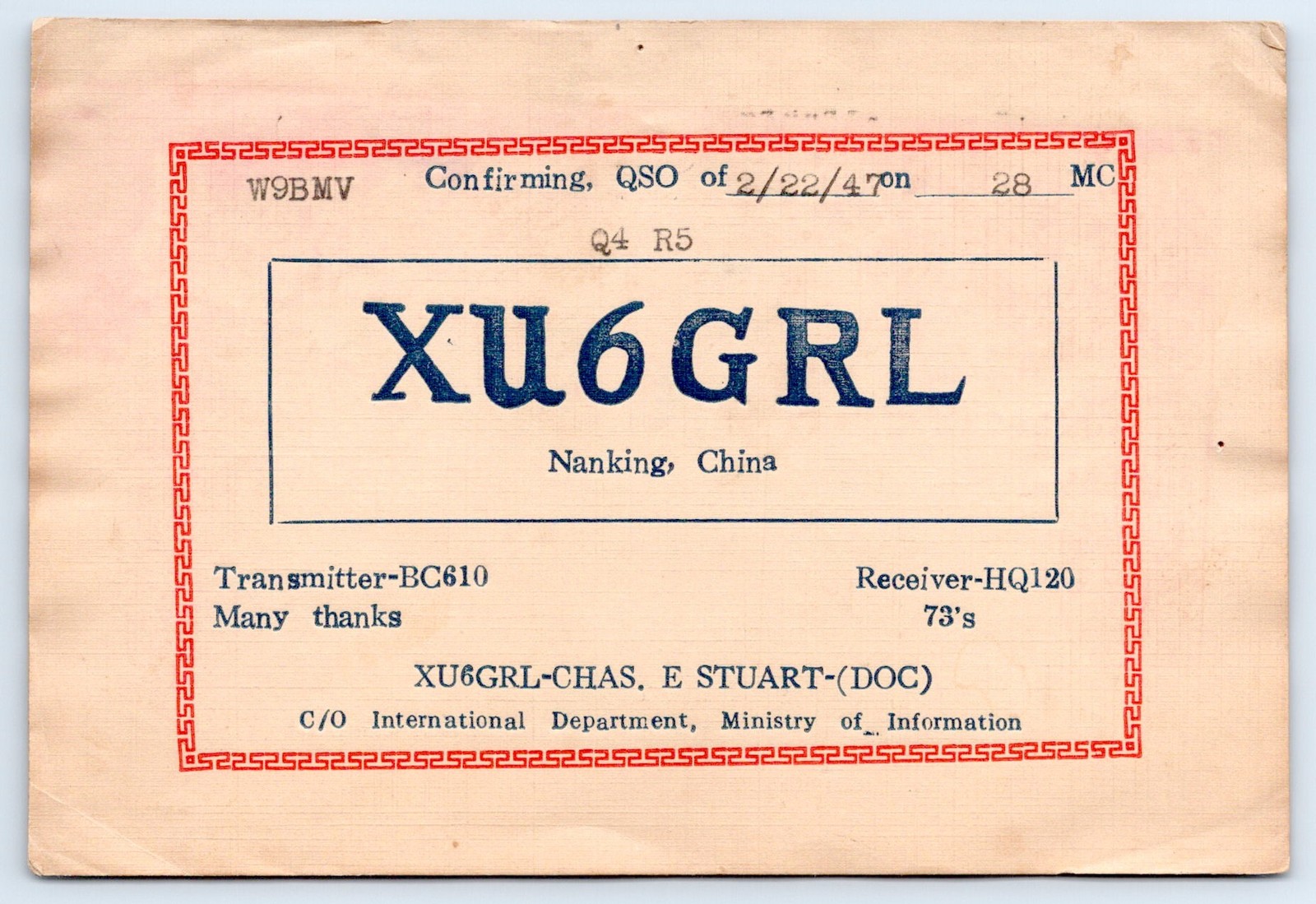 1947 Nanking China Stuart XU6GRL Ministry of Information QSL Ham Radio Card