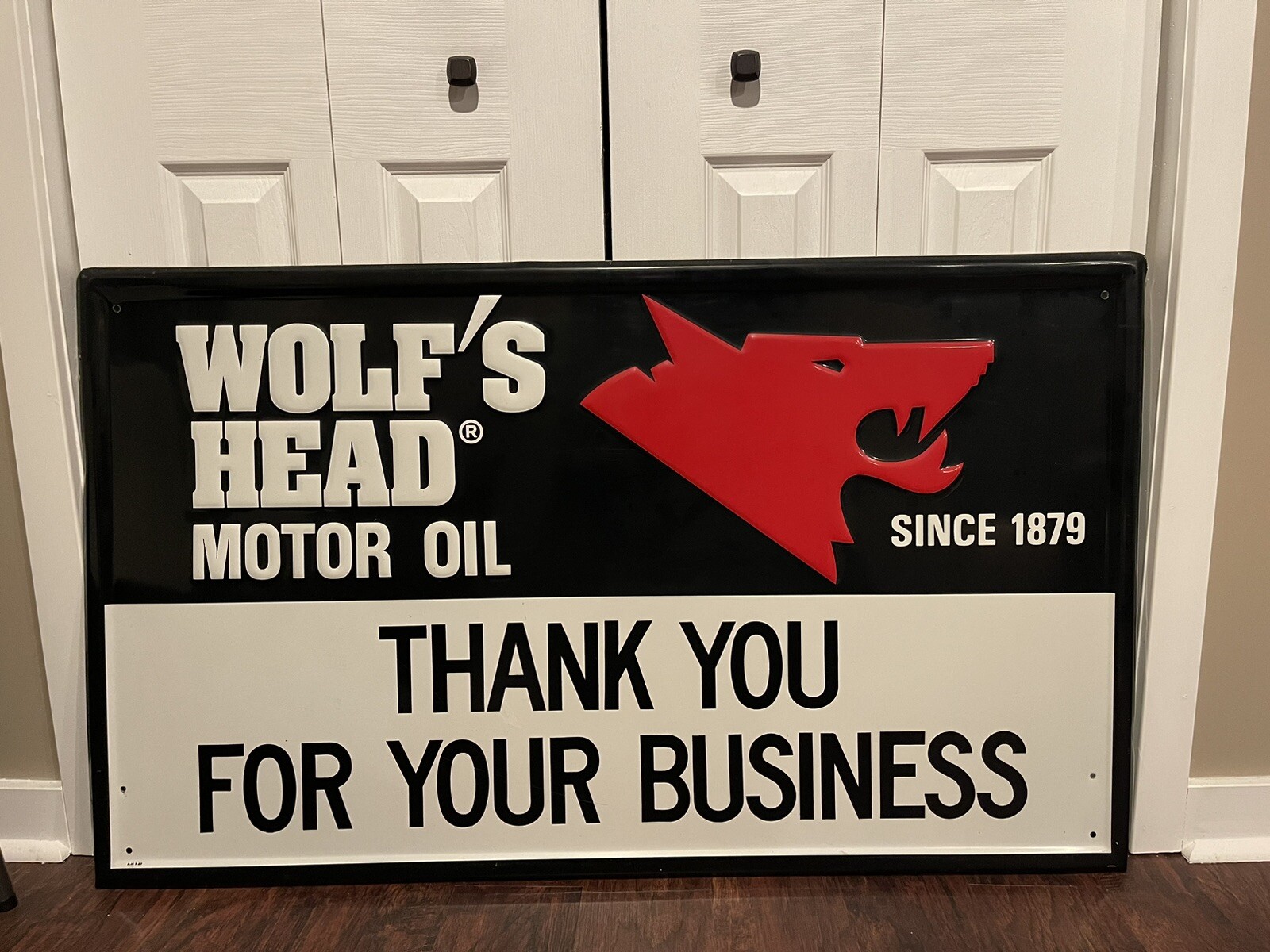 Vintage WOLF’S HEAD Motor Oil Embossed Sign Dated 1989 47x28 Inches