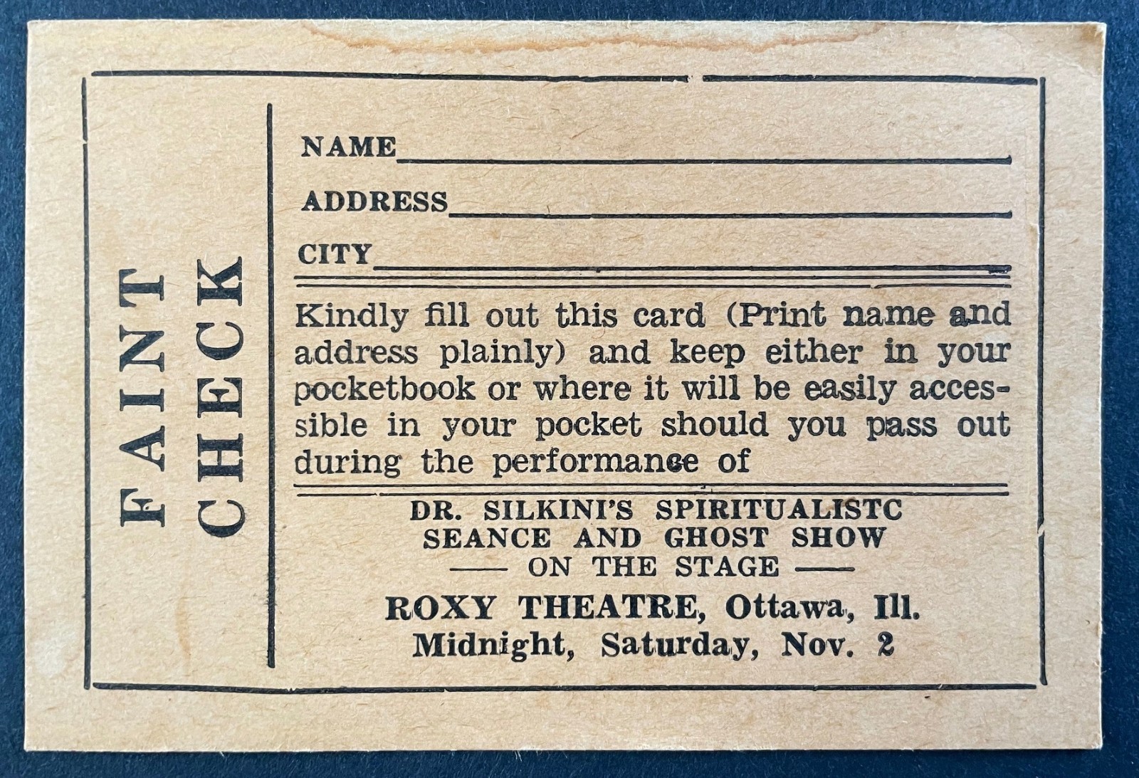 RARE Vintage Ottawa IL Dr. Silkini's Spiritualistic Seance and Ghost Show Roxy