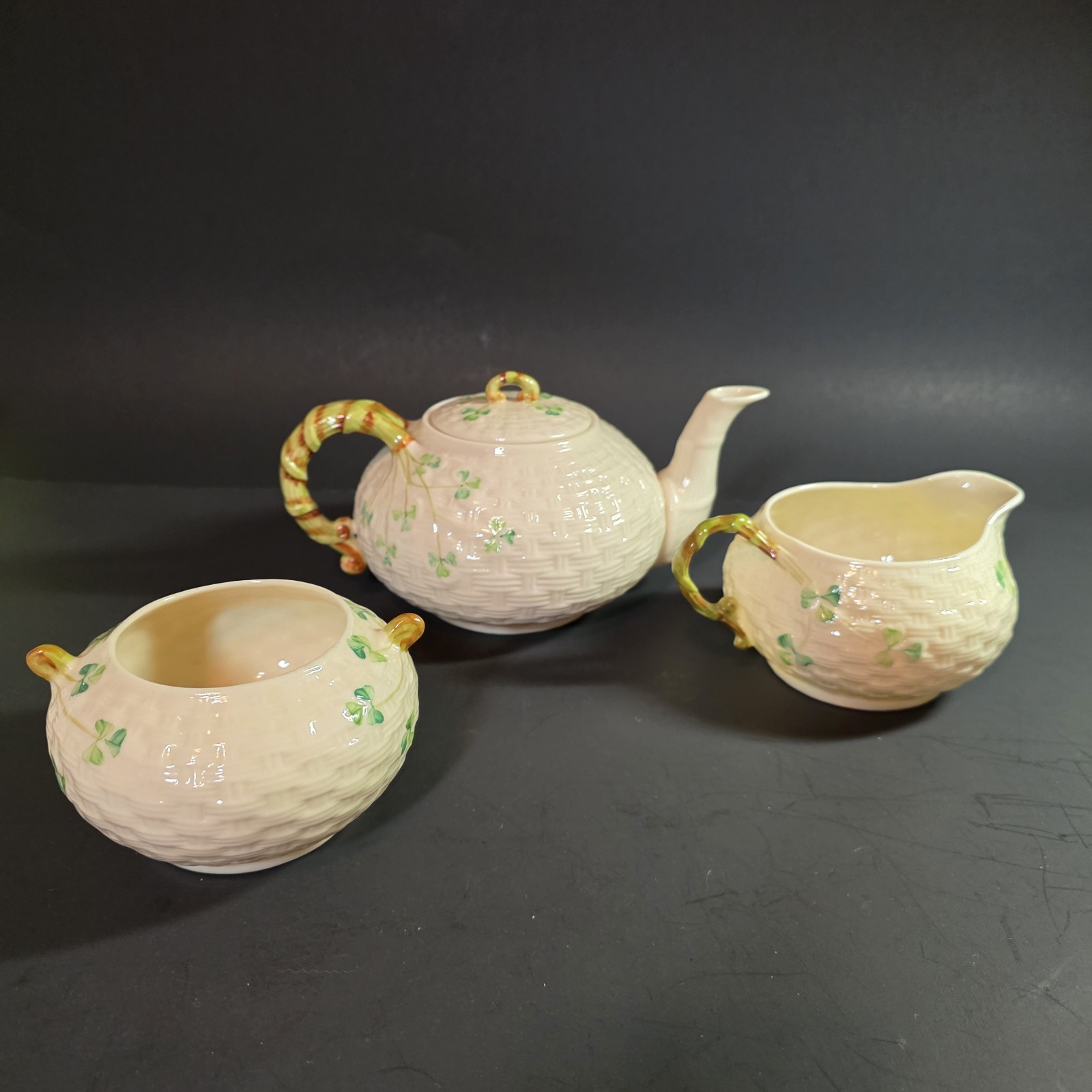 Vtg Belleek Ireland Basketweave Shamrock Tea Set Teapot Creamer Sugar 3rd Mark