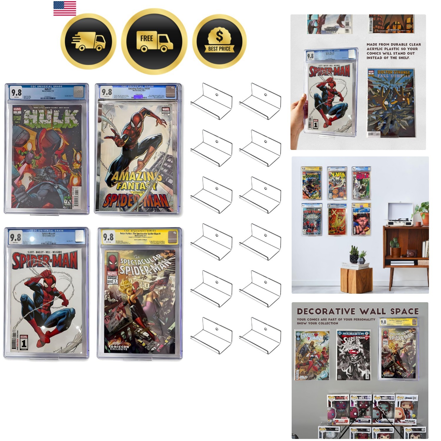 12pcs Comic Book Display Manga Shelves Stand Wall Mount Comic Frame Holder