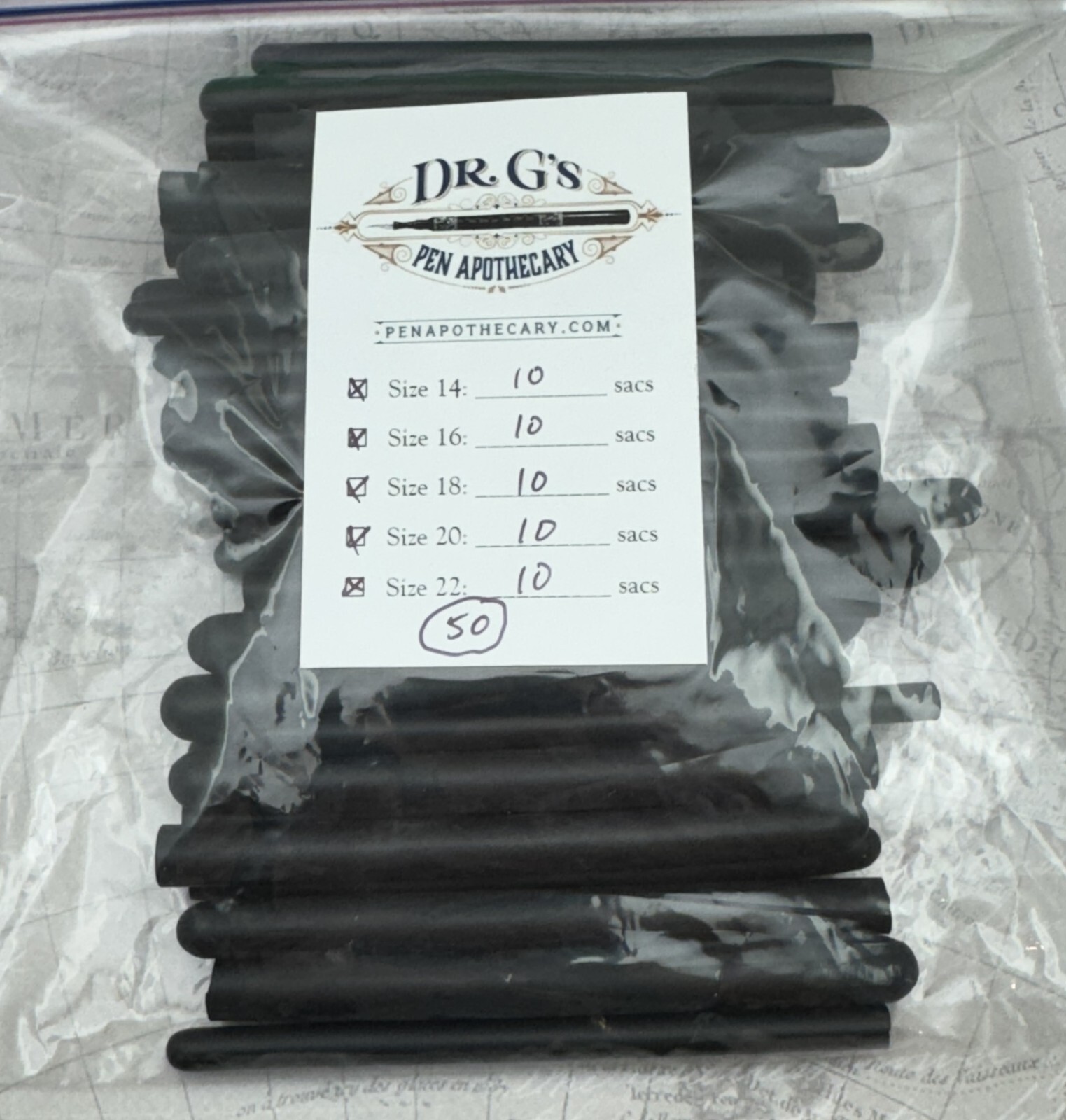 Fountain Pen Rubber Ink Sac Bladder 50 sac assortment 10 ea sizes 14 16 18 20 22