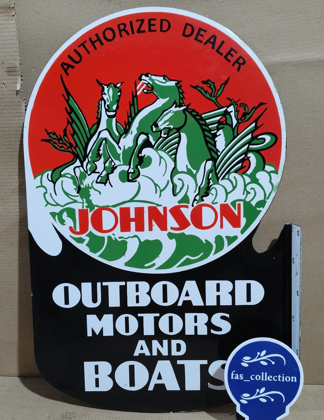 Johnson Outboard Motors And Boats Porcelain Enamel Sign  28 x 20 Inches 2 Sided