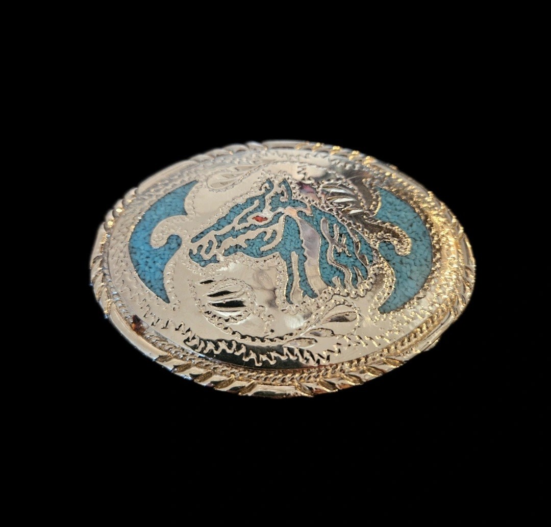 Vintage 1988 SSI Horse Head Belt Buckle Turquoise Chip Inlay Western Crafted USA