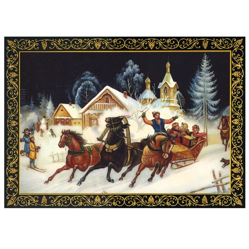 Russian Winter Troika Horse Ride Jewelry Box Trinket Box Keepsake Storage 4x6