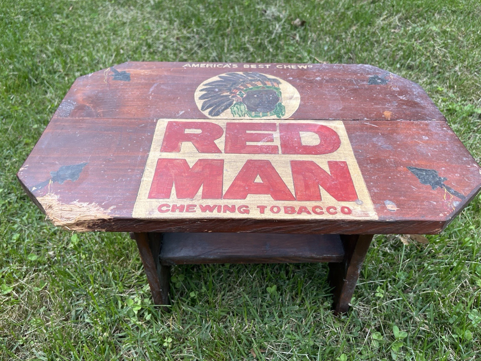 Vtg Red Man Chewing Tobacco Stool Bench Folk Art Americana Native American Cigar