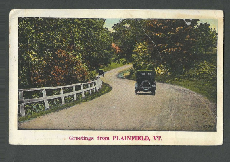 Ca 1935 Post Card Plainfield VT Country Road Has Adv On Back Used Unposted