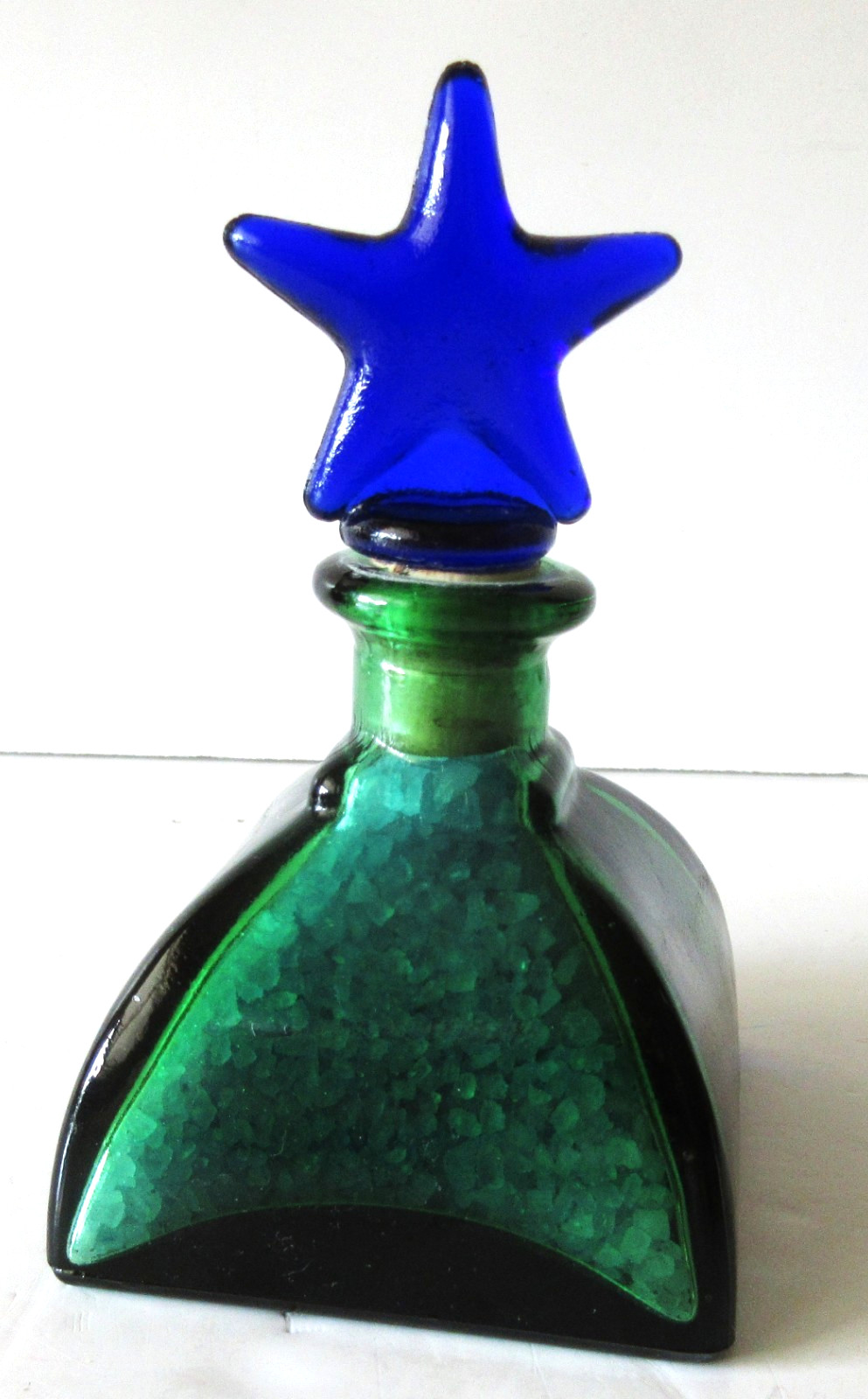 Vintage Green Art Glass Bottle With Cobalt Blue Star Stopper With Bath Salts