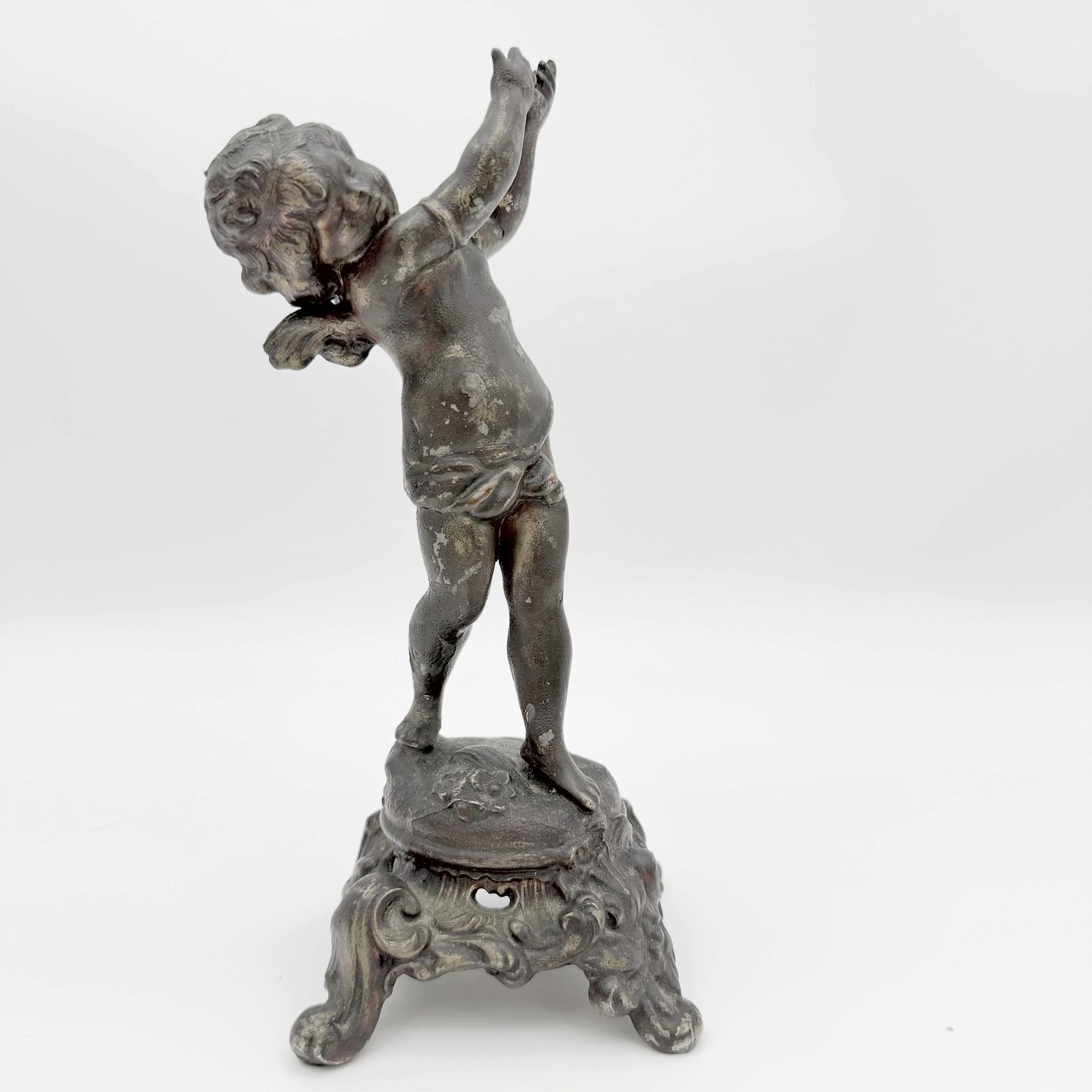 Antique French Spelter Cherub Putto Statue Ornate Rococo Base Belle Epoque 8.25