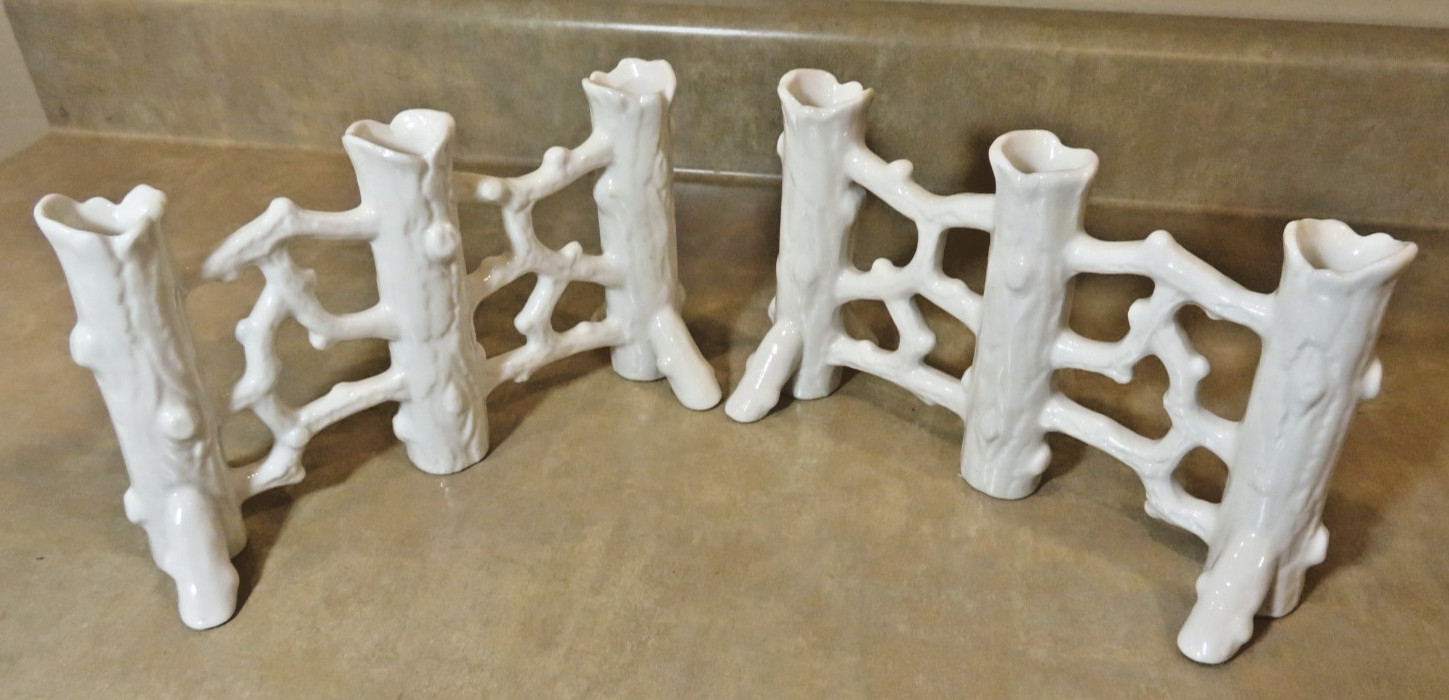 Antique German White Ceramic Faux Bois 2 - piece Modular Fence Vases