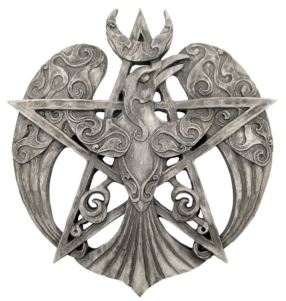 Large Crescent Raven Pentacle Plaque - Wiccan Pagan Stone Finish Dryad Design