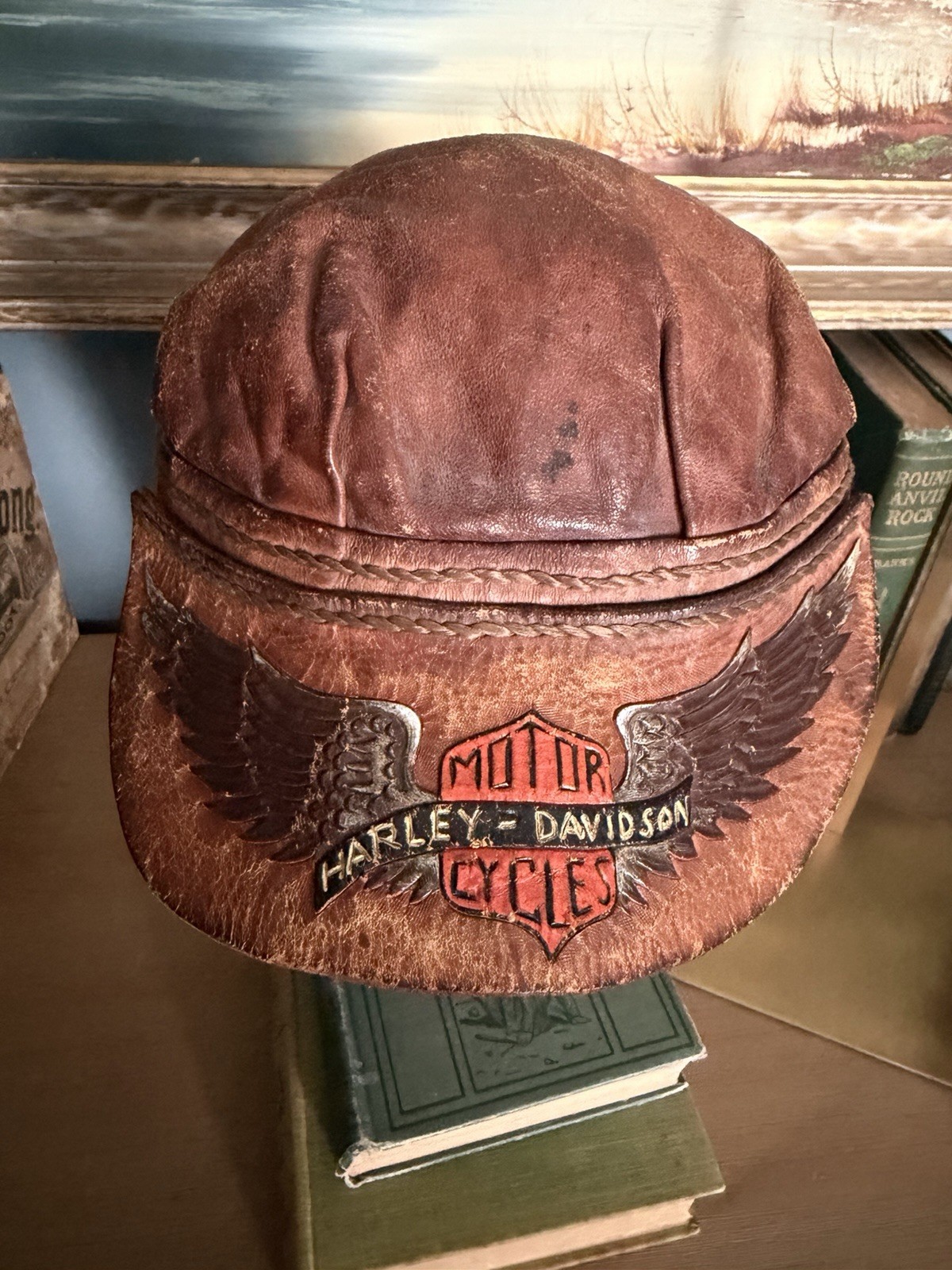 Rare Vintage Harley Davidson Brown Leather Biker Cap Hat Tooled Winged Logo