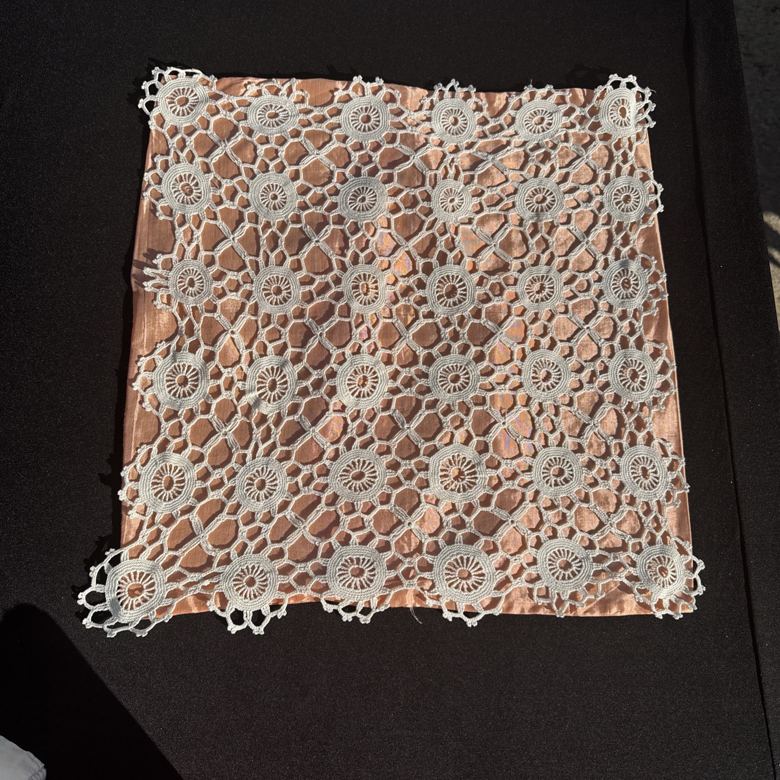 Vintage Handmade Crochet Lace & Peach Silk Taffeta Pillow Sham / Cushion Cover