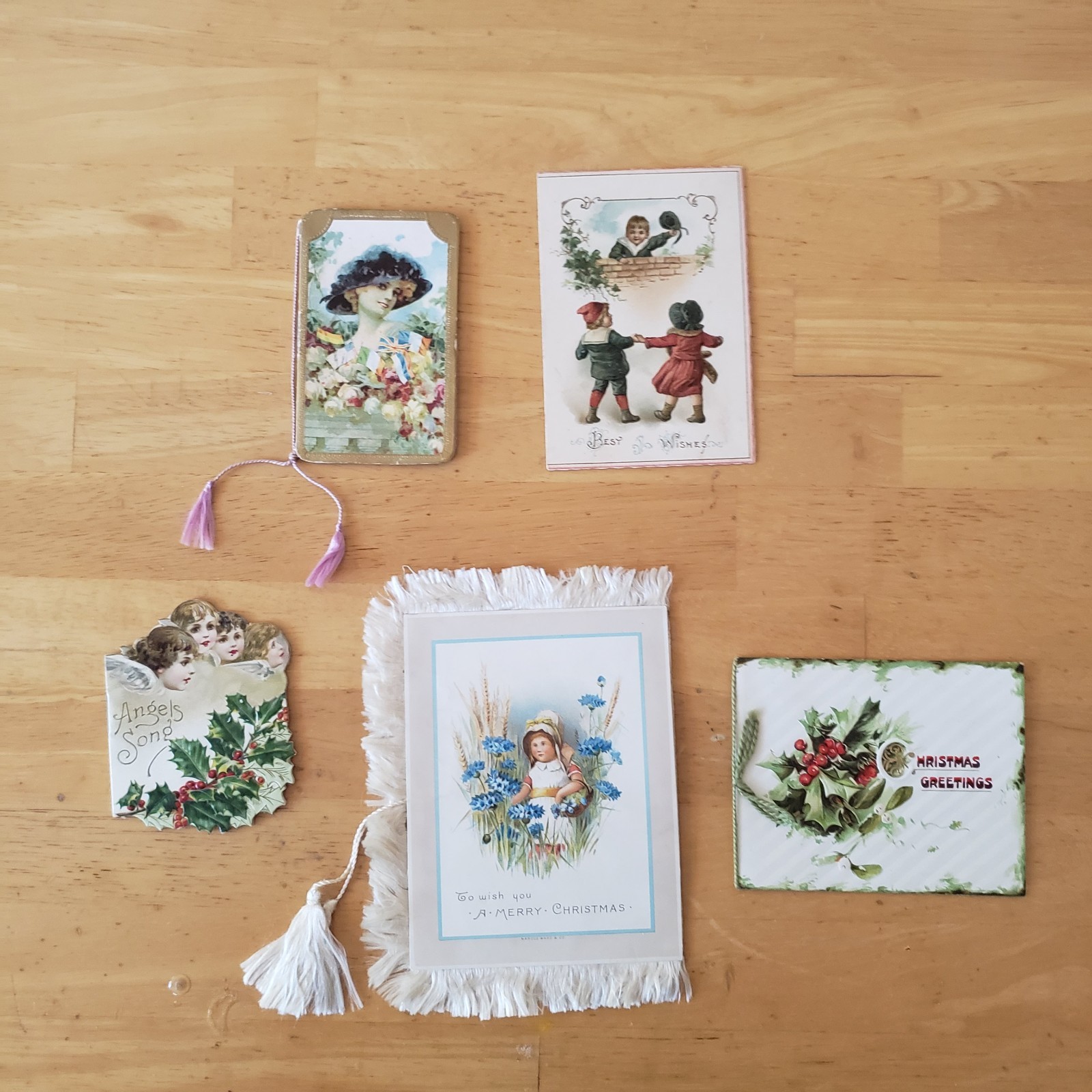 Antique Lot 5 Christmas Victorian Booklet Cards Unused Emboss Gilded Fringe New 