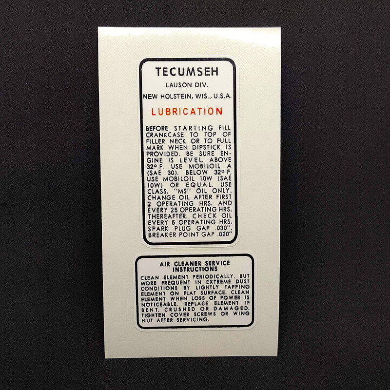 TECUMSEH ENGINE SERVICE DECALS, Vinyl STICKERS for Mini Bike, Go Kart, Mower