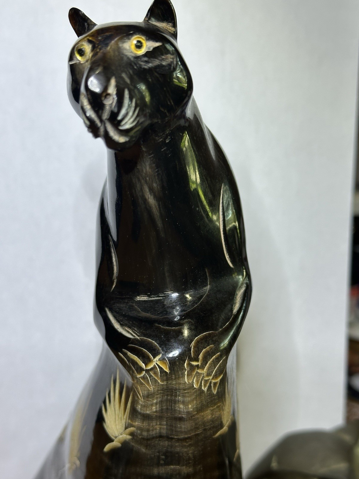 Rare MCM Black Panther Statue Art Deco Incised Detail & Stylized Wooden Pedestal