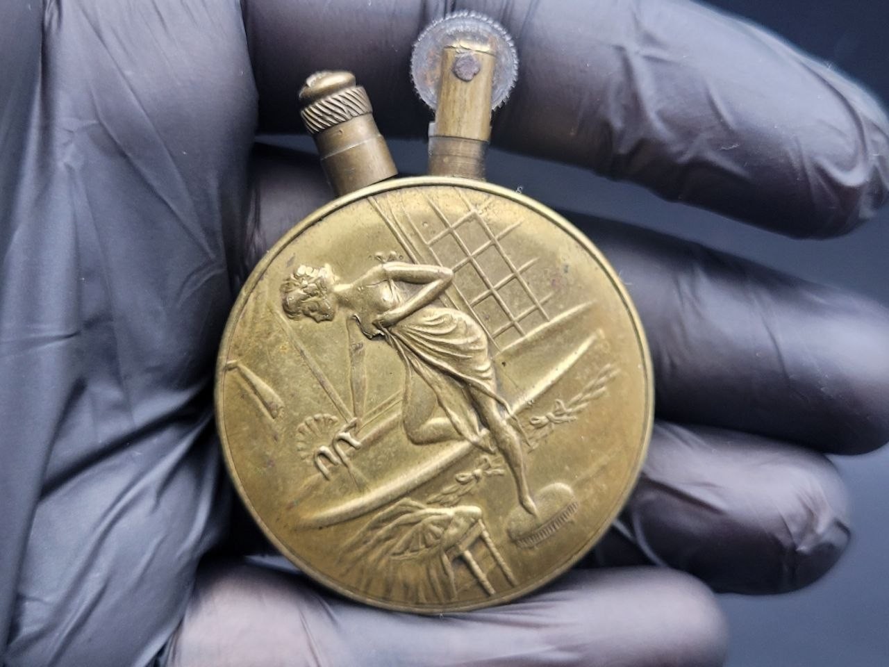 Antique Trench Petrol Lighter – Figural Woman Design – Round Brass Style - 1940s