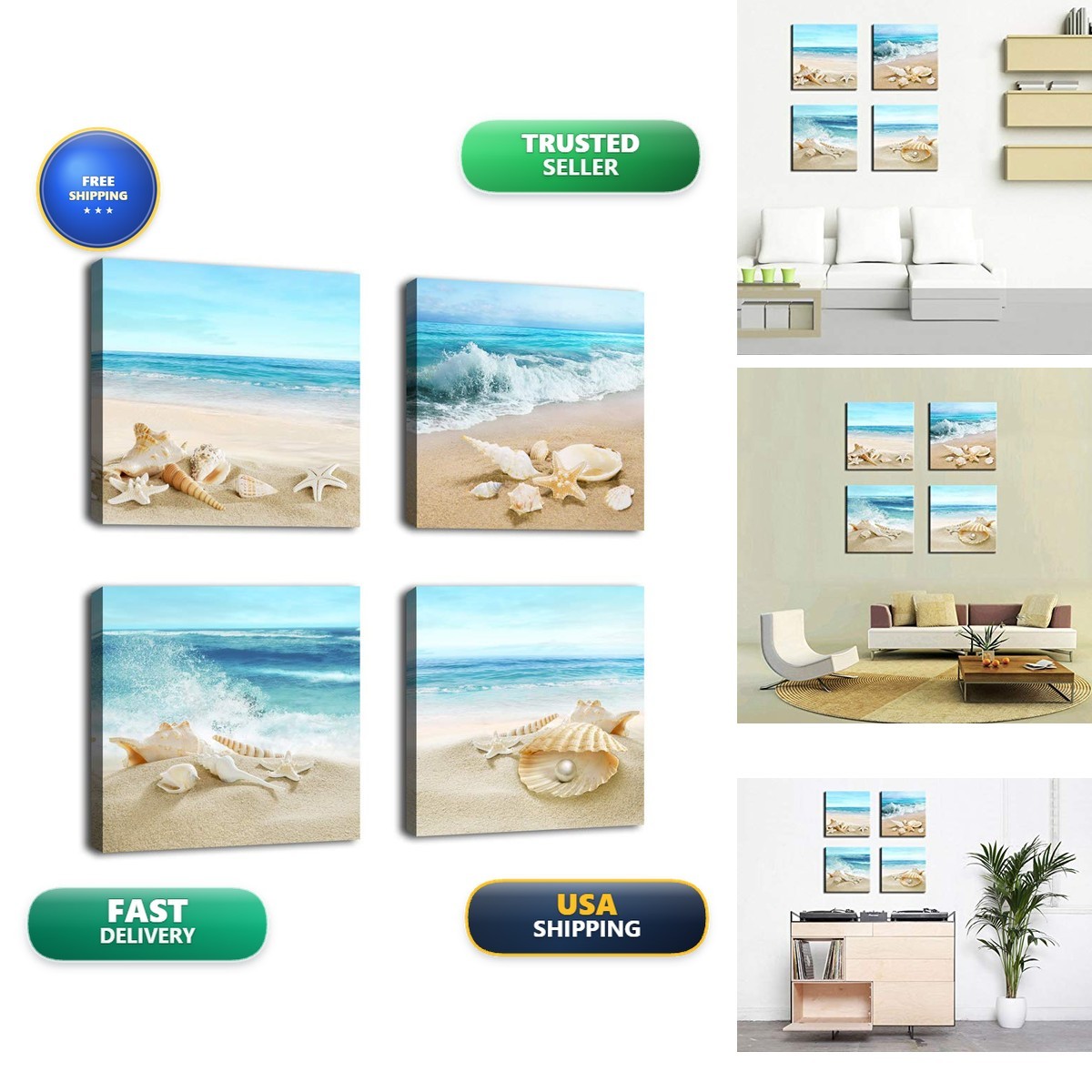 Canvas Wall Art Ocean Beach Seashell Starfish Blue Turquoise 16x16 4 Pieces